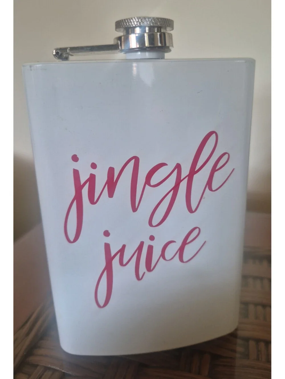 Christmas Cheer ~ Jingle Juice Stainless Steal 8 oz Flask ~ White & Red